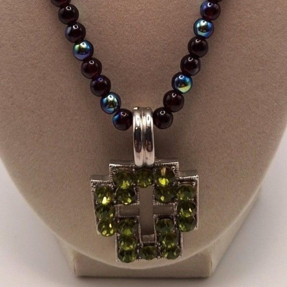 Beaded cross necklace green crystal enhancer iridescent black AB 4 mm beads